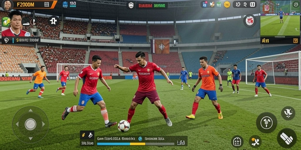 Tangkapan layar utama F200M menampilkan aksi seru di lapangan sepak bola.