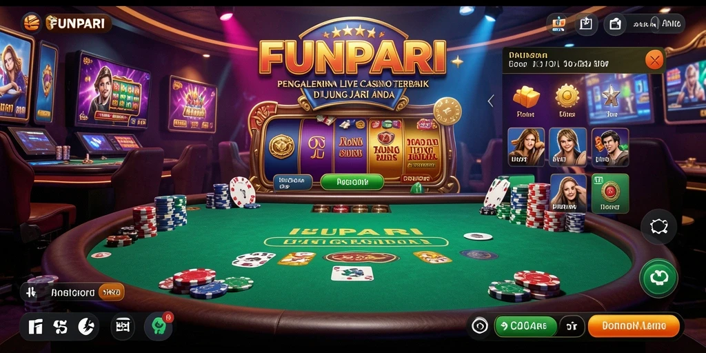 Tampilan screenshot FUNPARI menunjukkan dealer profesional dan gameplay yang mendebarkan.