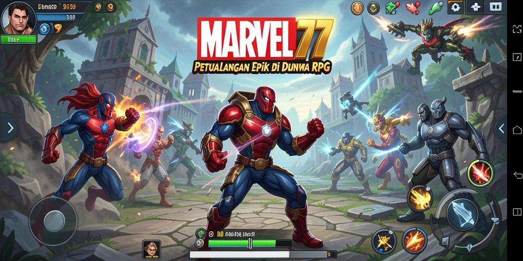Tangkapan layar utama gameplay MARVEL77 yang menampilkan aksi RPG seru.