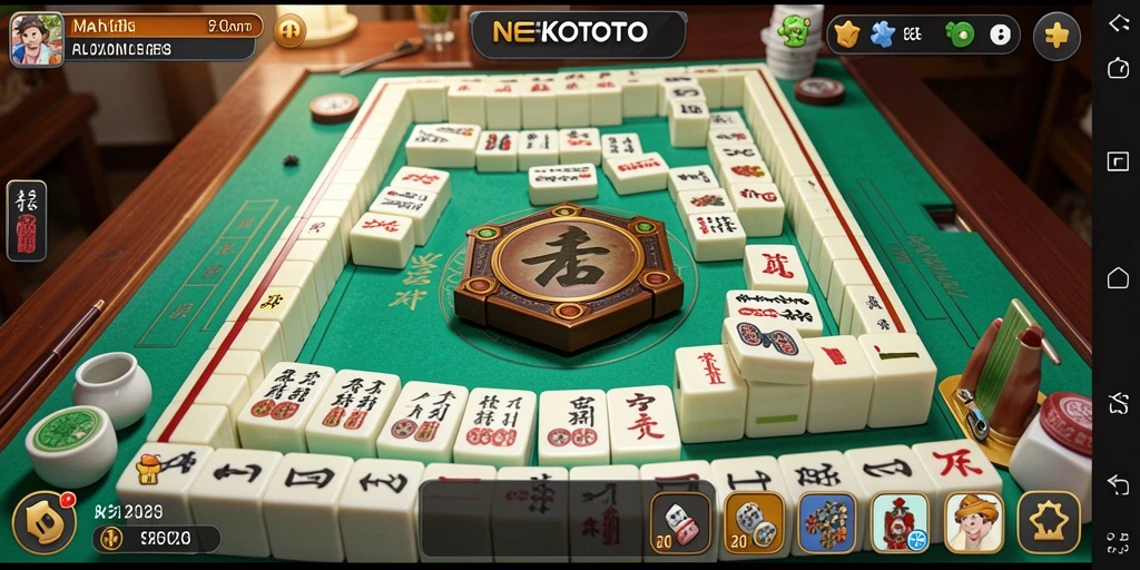 Screenshot gameplay NEKOTOTO dengan tampilan ubin Mahjong yang berwarna-warni.