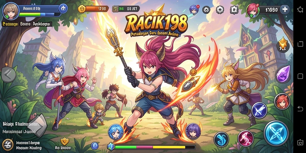 Screenshot menampilkan karakter dan pertempuran epik dalam RACIK198.