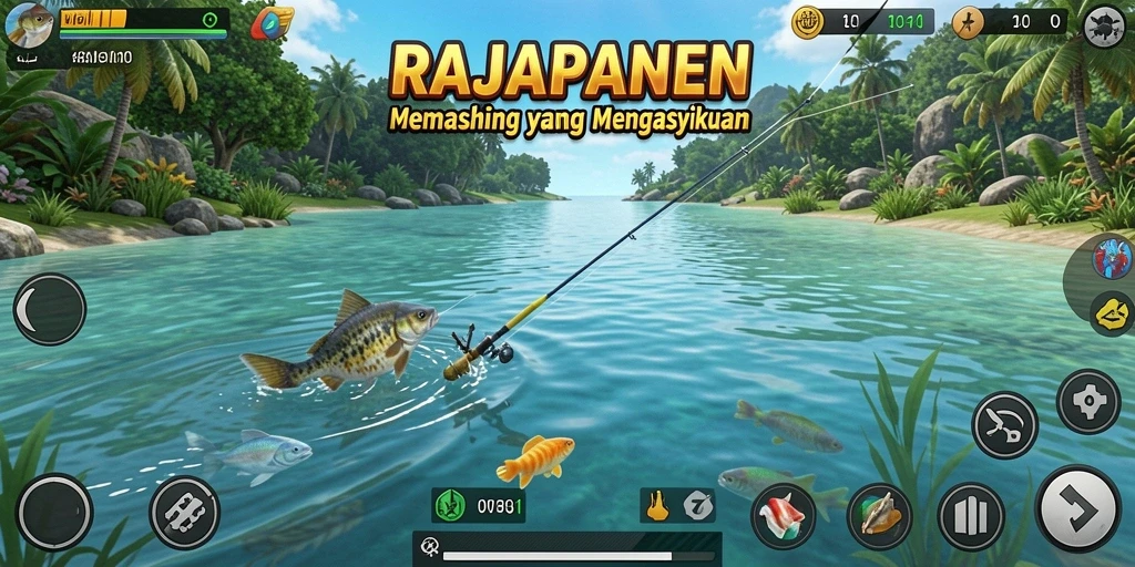 Screenshot gameplay RAJAPANEN dengan tampilan memancing yang indah.
