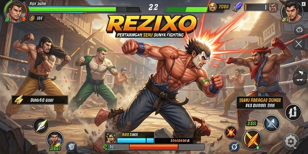Screenshot gameplay REZIXO menampilkan pertarungan seru dengan karakter yang berbeda.