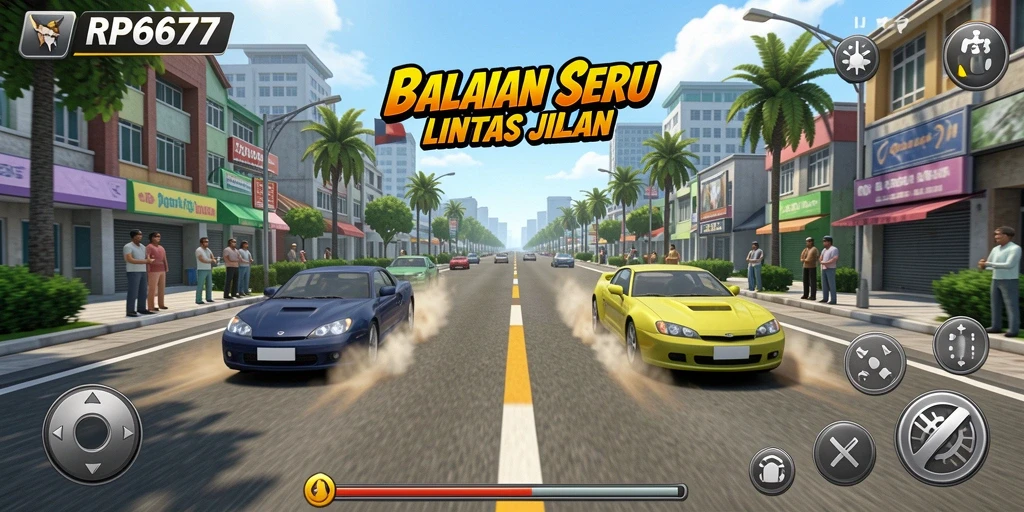 Tangkapan layar dari gameplay RP6677 yang menunjukkan aksi balapan yang mendebarkan.