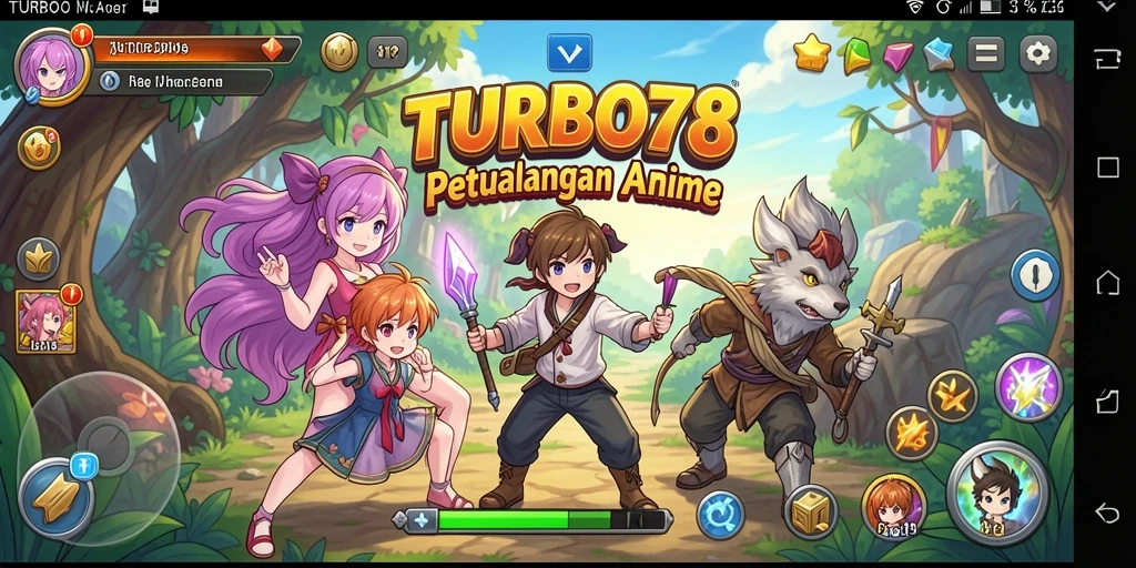 Tampilan dinamis dari gameplay TURBO78 dengan karakter anime yang menarik.